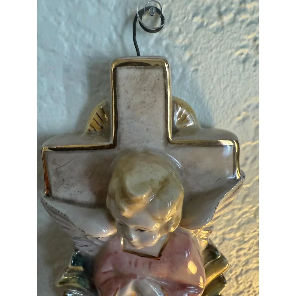 Vintage Porcelain Angel and Cross Holy Water Font - Hand Painted- Gold Trim - Picture 7 of 11